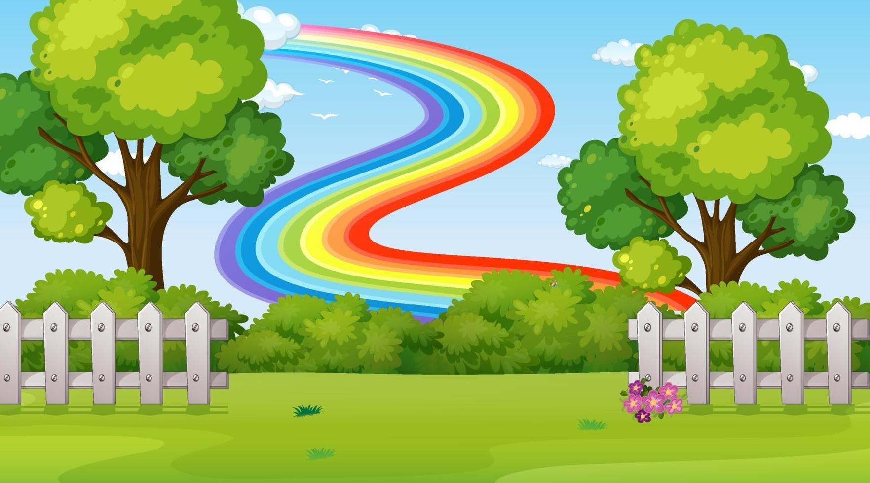 Fondo de escena de parque natural con arco iris en el cielo vector