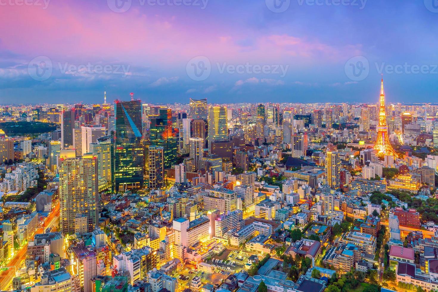 horizonte de tokio con la torre de tokio en japón foto