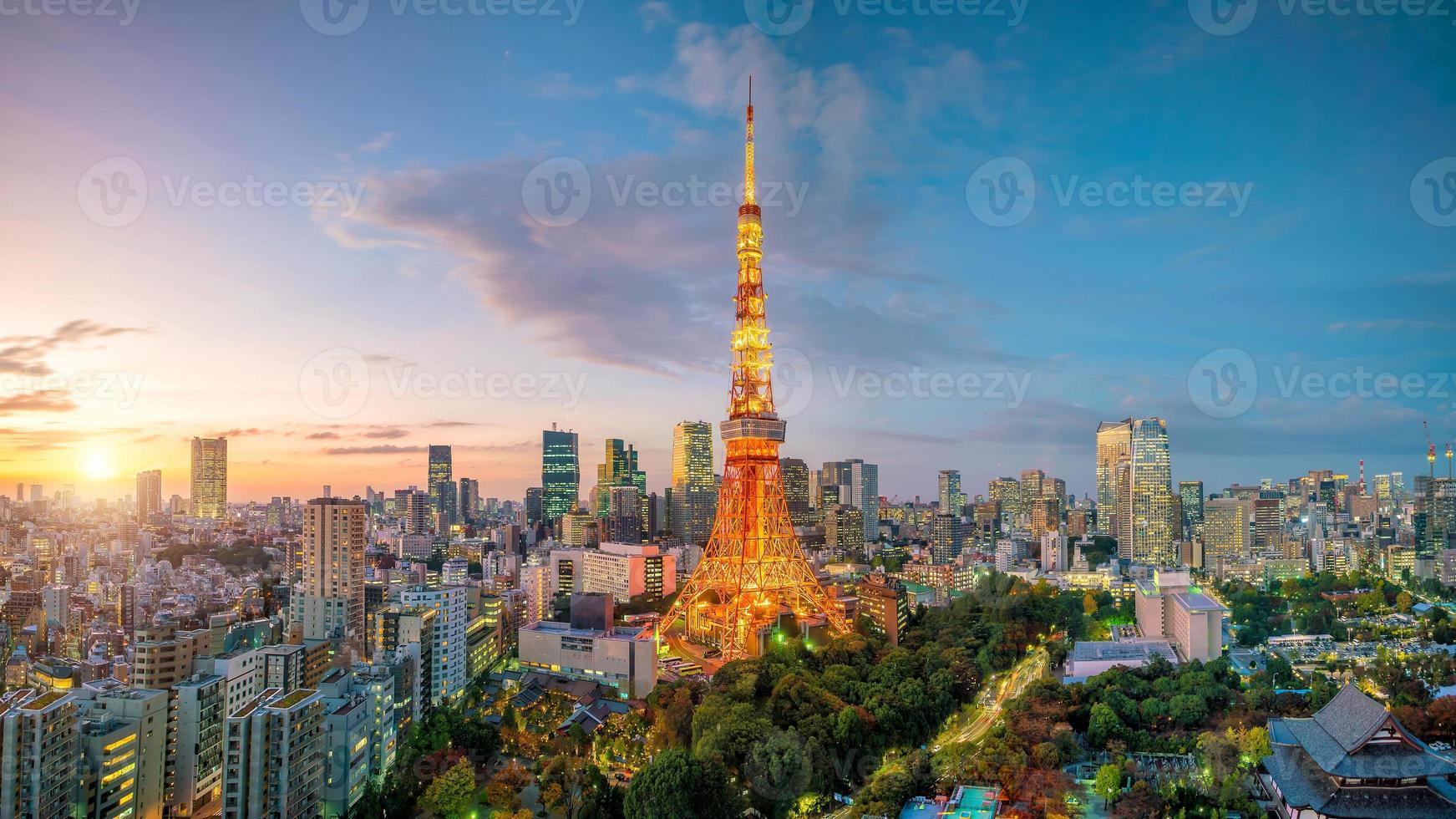 vista de la ciudad de tokio con la torre de tokio foto