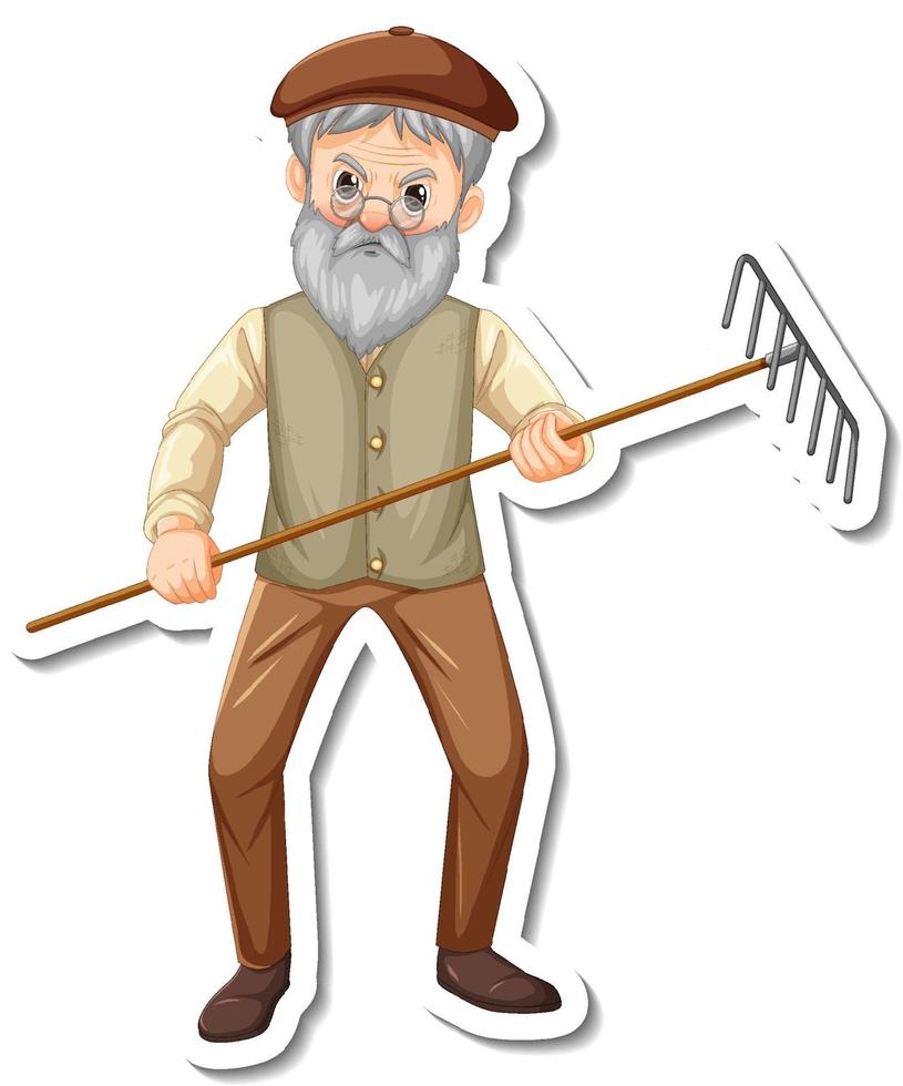 Sticker template with a gardener old man holds rake gardening tool vector