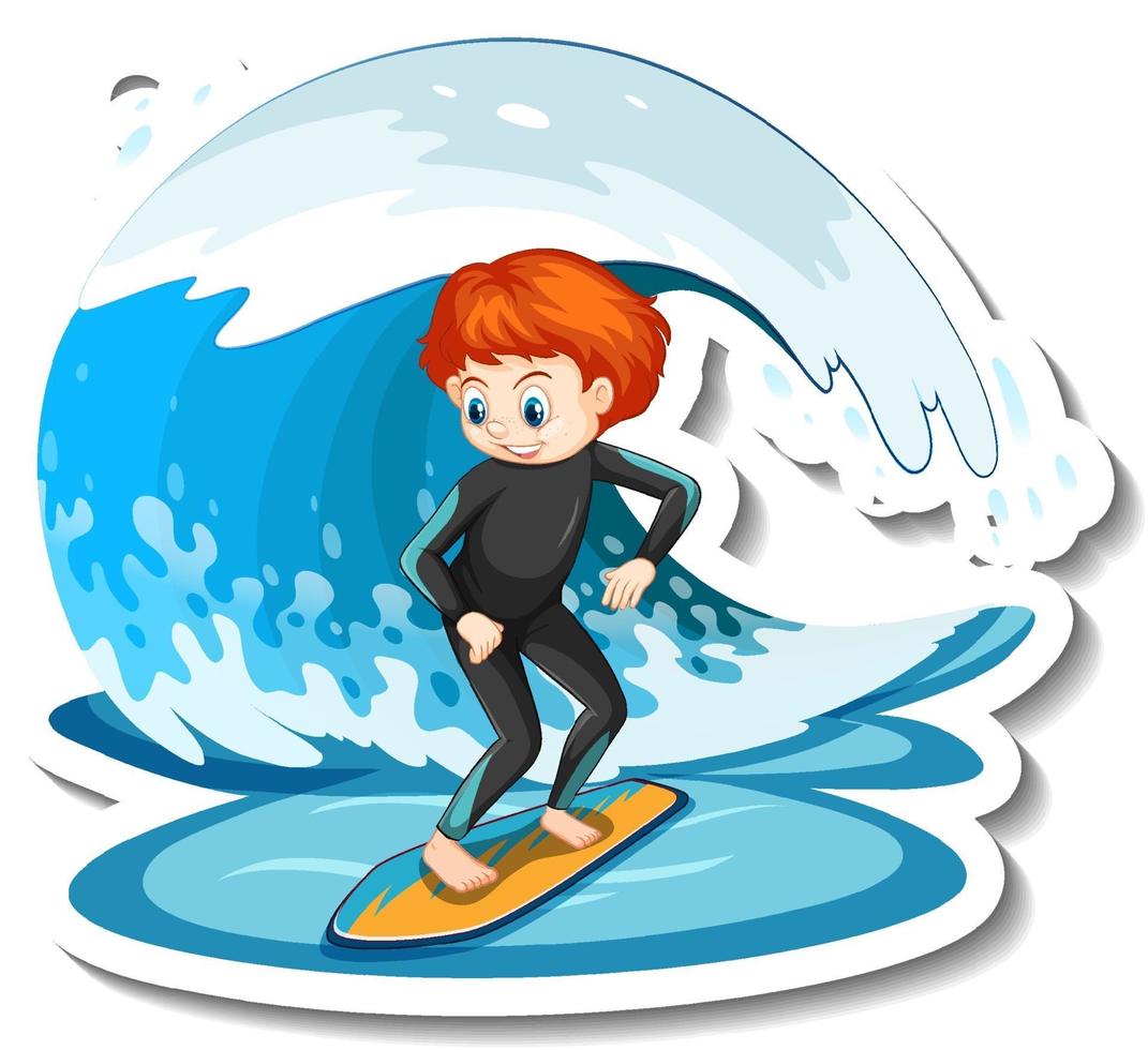 Sticker a boy on surfboard with water wave vector