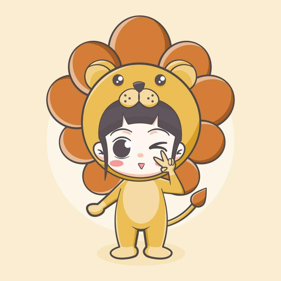 Cute lion costume girl cartoon illustration vector