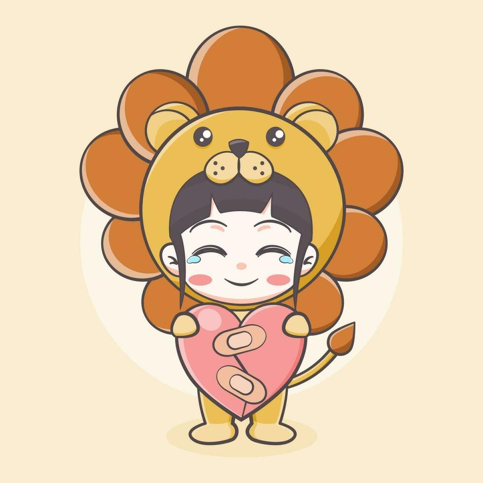 Cute lion costume girl holding a healed hearth cartoon illustration vector