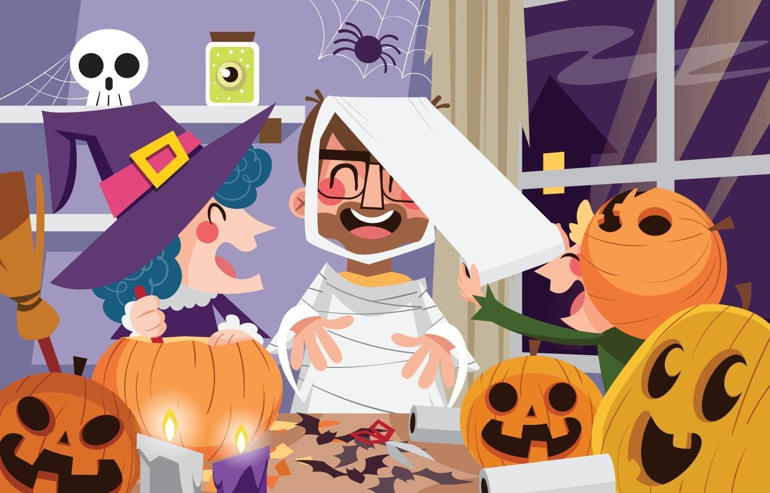 Happy Family Preparing for Halloween Concept vector
