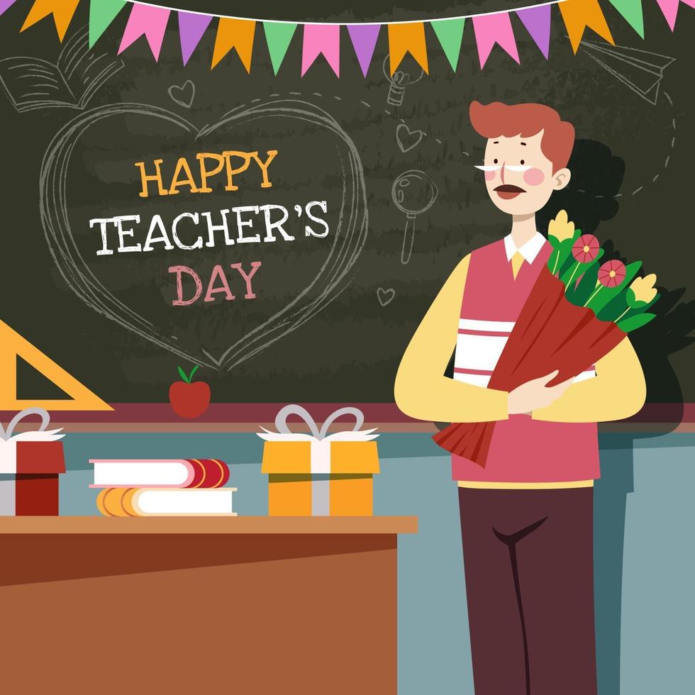 Teacher Gets Flowers from Students on Teachers Day vector