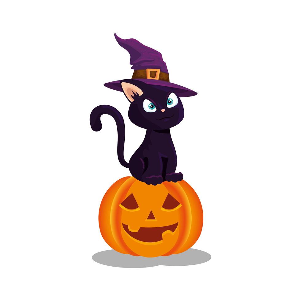 gato con sombrero bruja en calabaza halloween vector