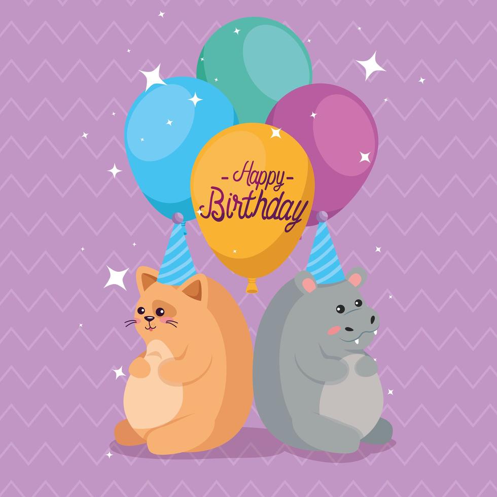 hipopótamo y gato con diseño de vector de feliz cumpleaños