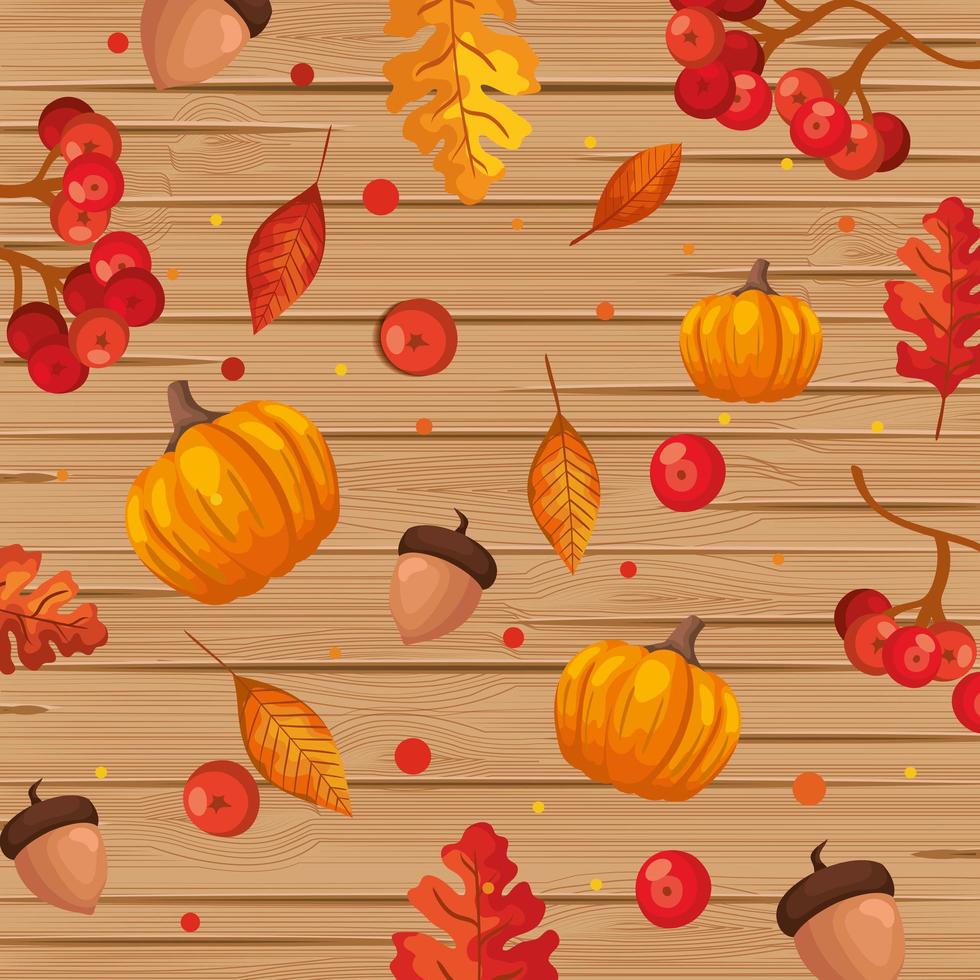 Fondo de madera con hojas de otoño y frutas. vector