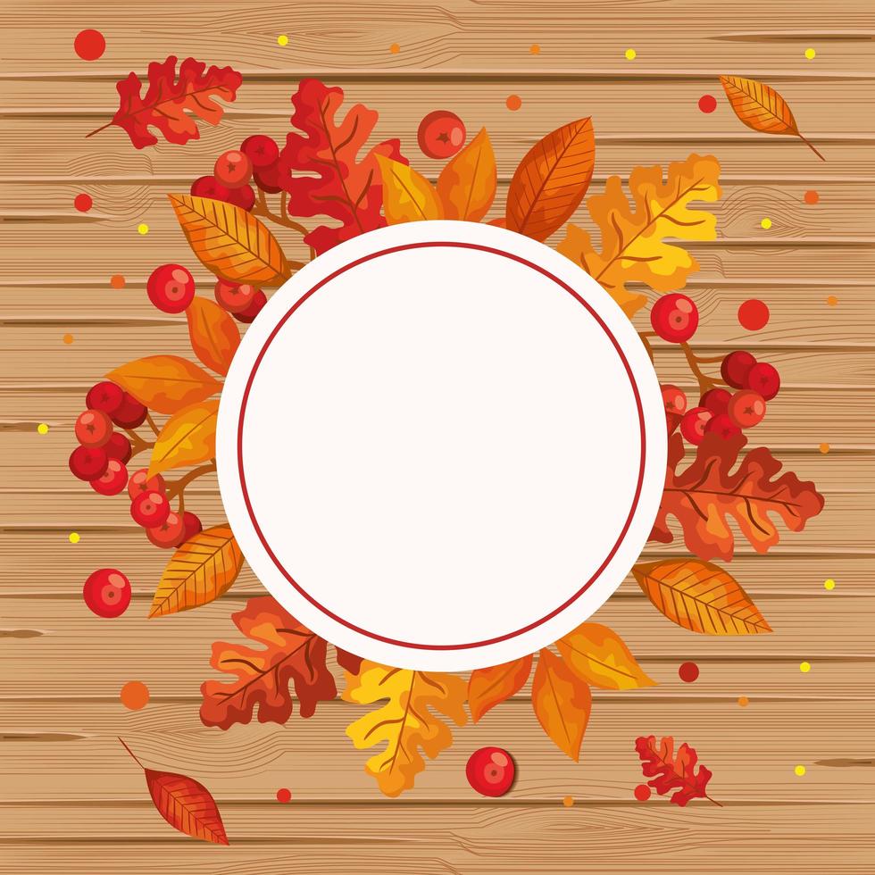 background wooden with autumn leafs and frame vector