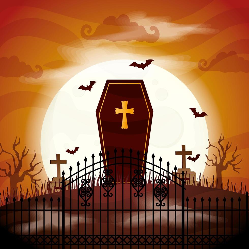 ataúd de halloween espeluznante en el cementerio vector