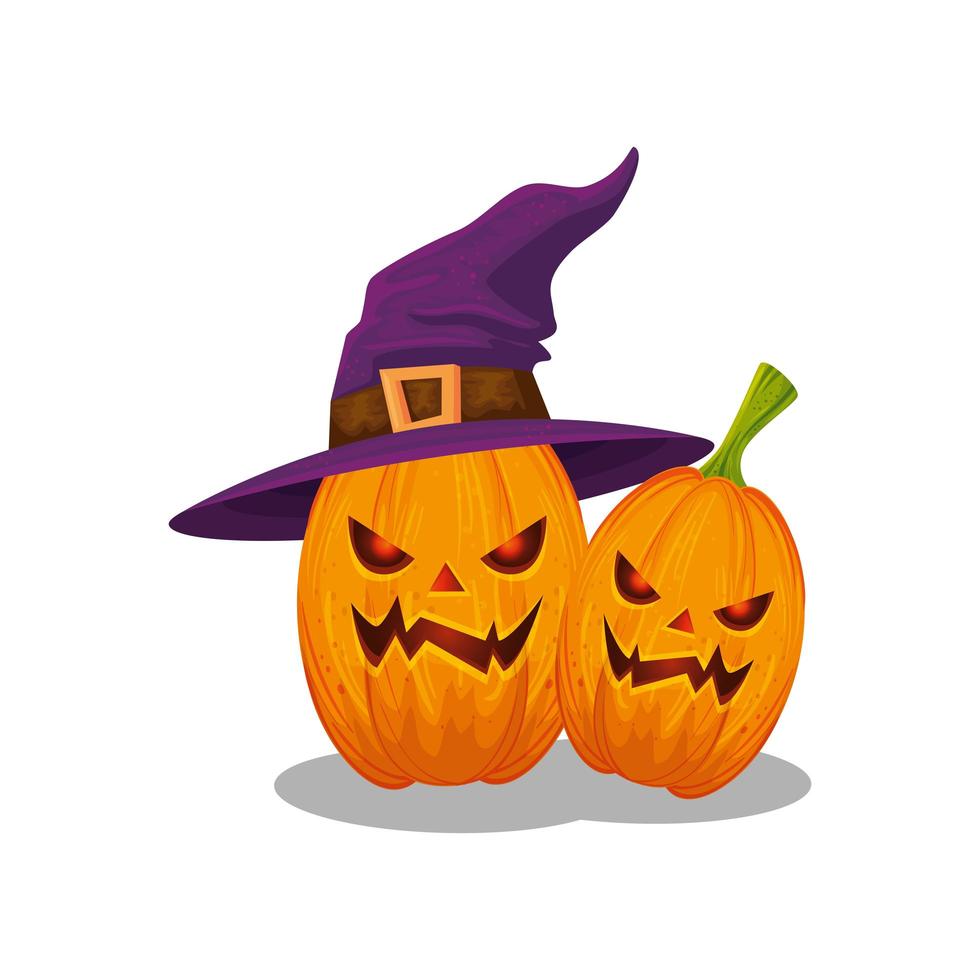 Calabazas de Halloween con sombrero icono aislado de bruja vector