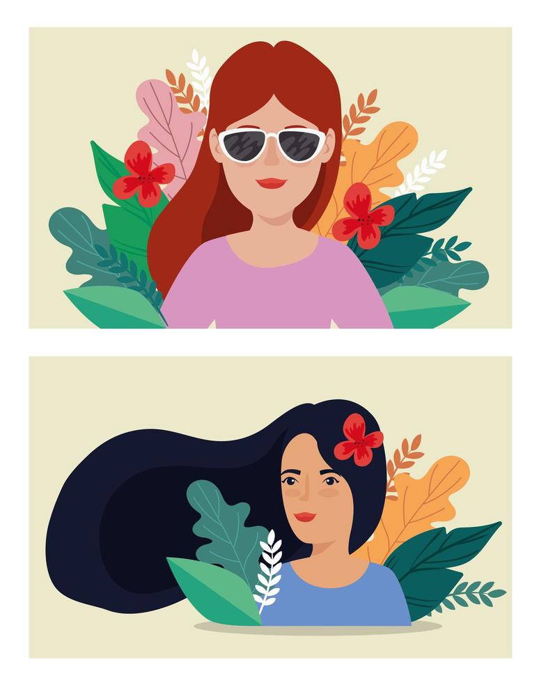 Grupo de mujeres con personajes de avatar de escenas de hojas tropicales vector