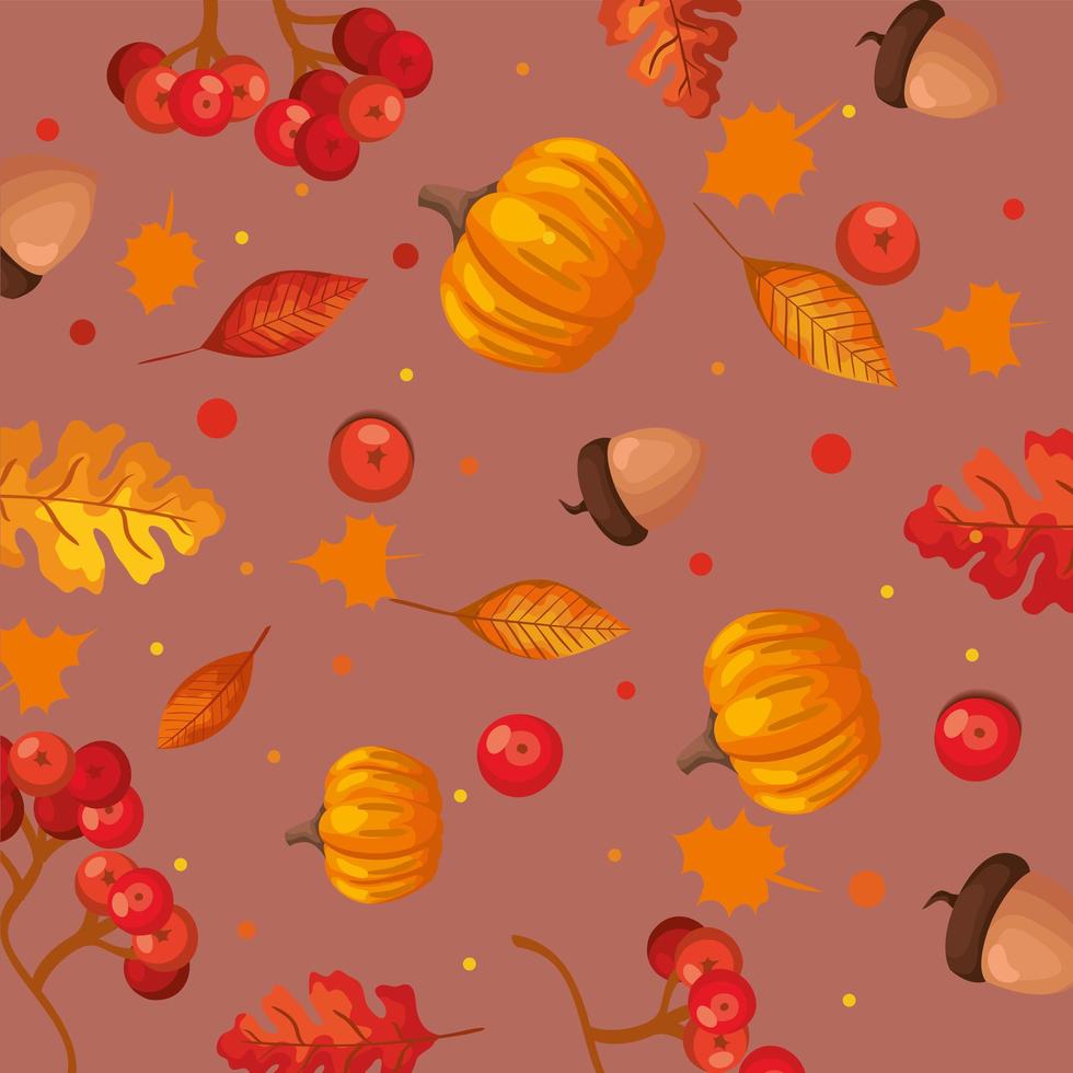 pumpkins with leafs and nuts autumn pattern background vector