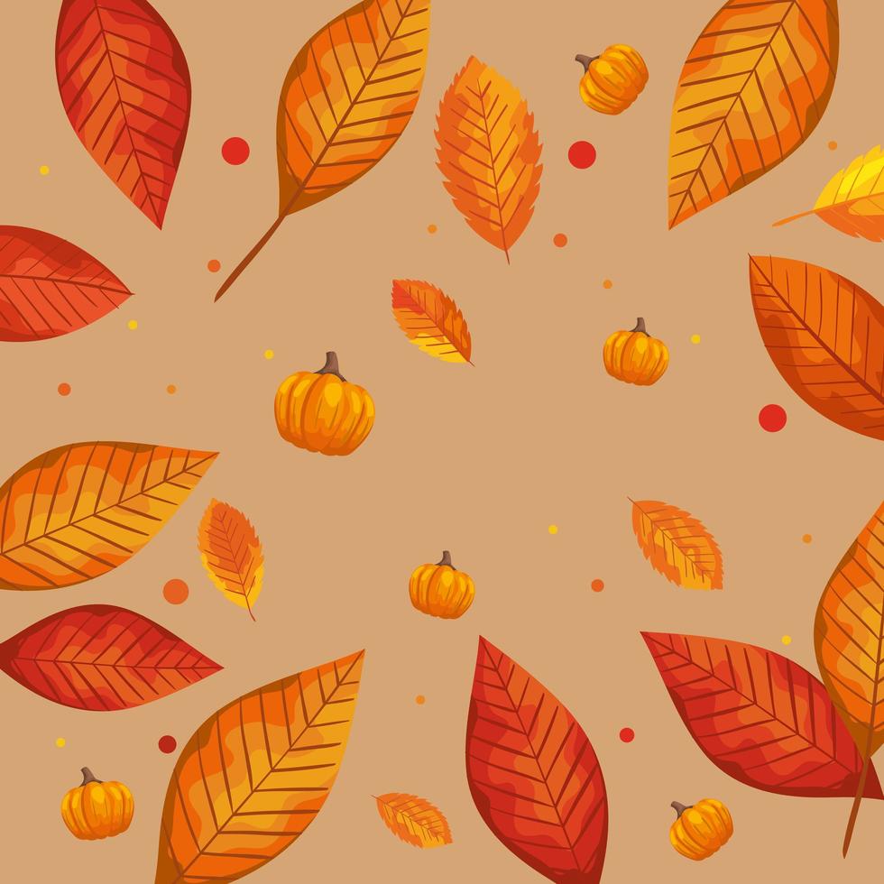 fondo de hojas con calabazas otoño vector