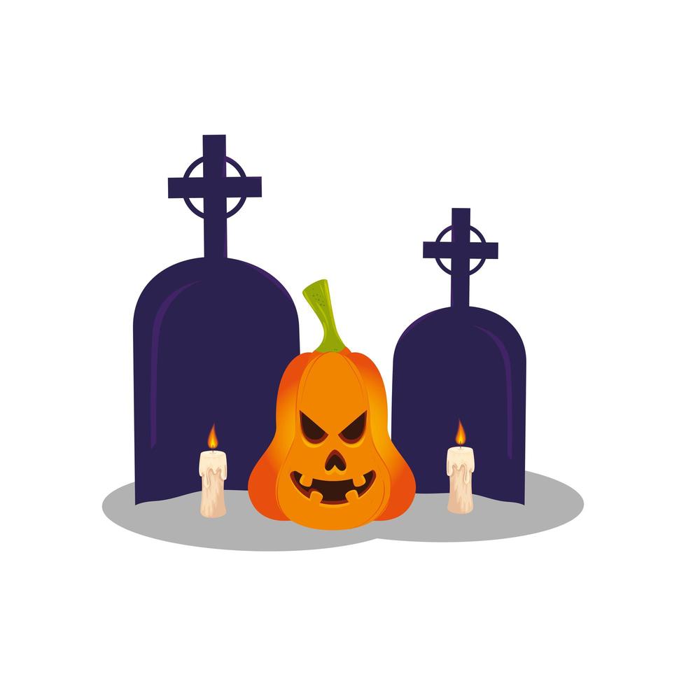 calabaza de halloween con tumbas y velas vector