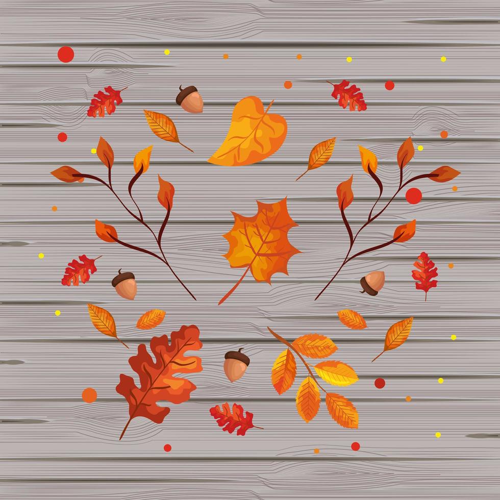 background wooden with autumn leafs vector