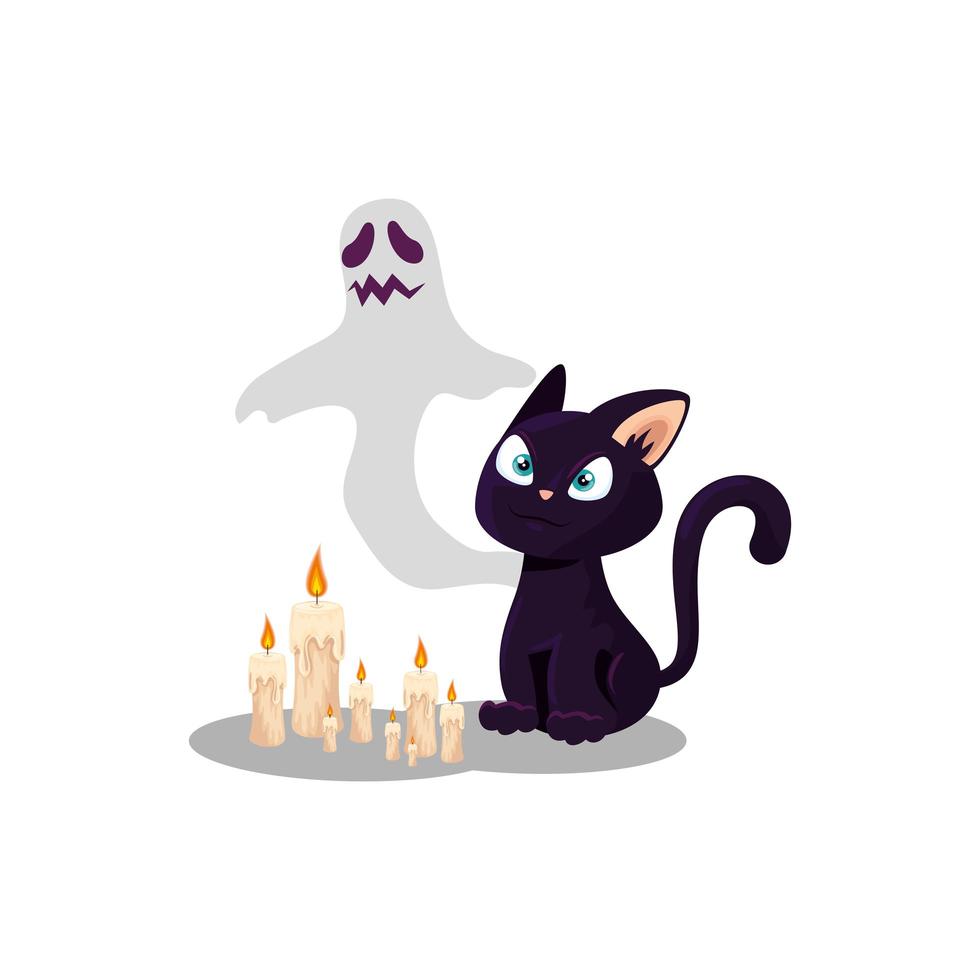 halloween ghost with cat and candles vector