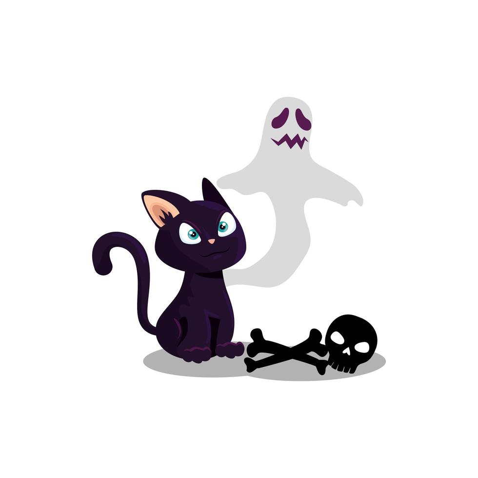 fantasma de halloween con gato y calavera vector