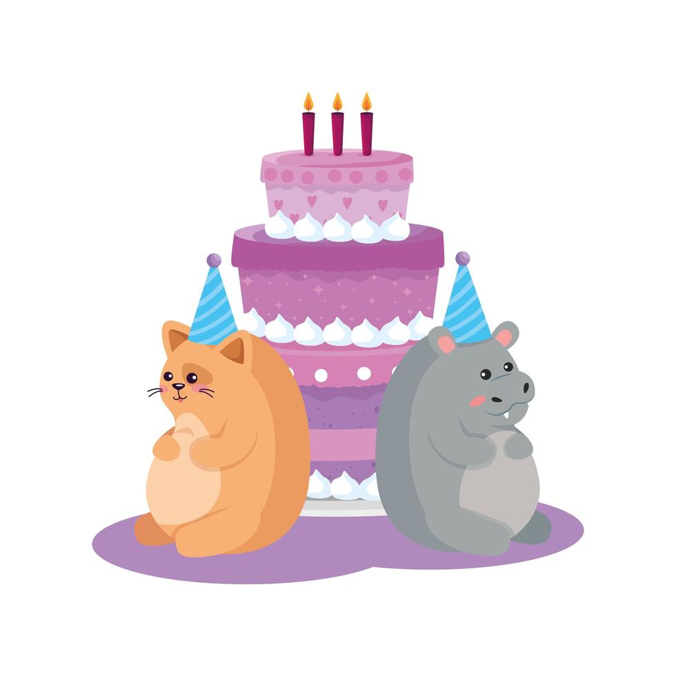 gato e hipopótamo con diseño de vector de feliz cumpleaños