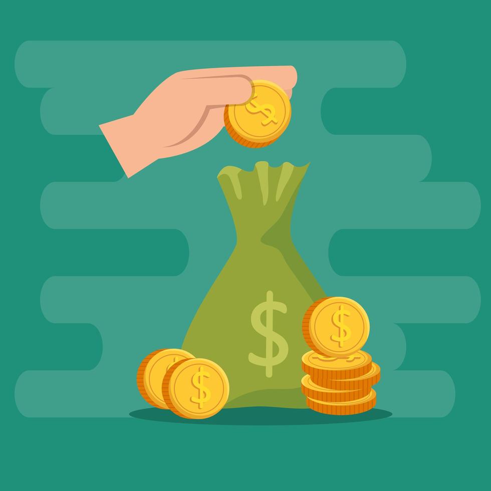 hand with money bag and coins isolated icon vector