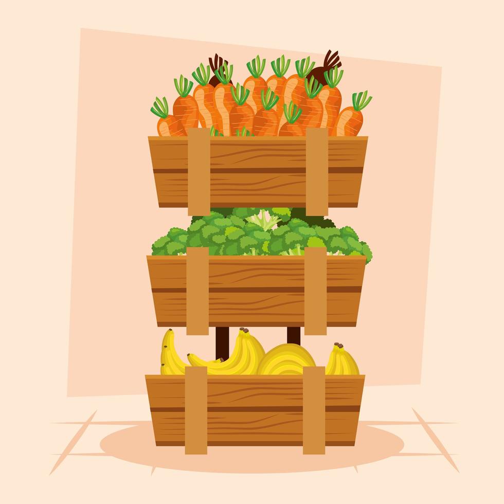 Fruits and vegetables inside wood furniture vector design