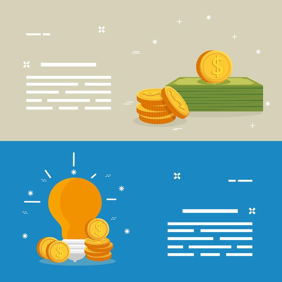 set of bills with coins and light bulb vector