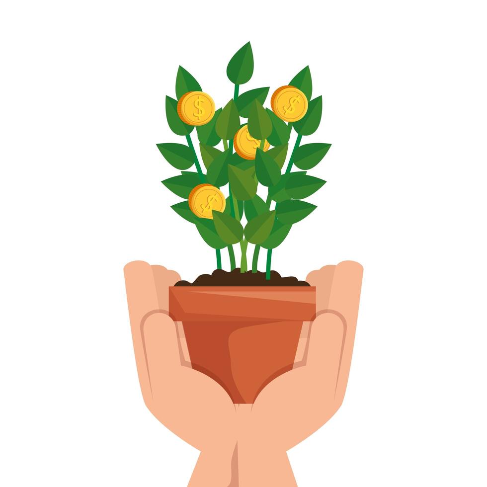 hand with plant of coins isolated icon vector