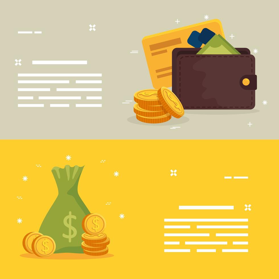 set with wallet and bag money vector