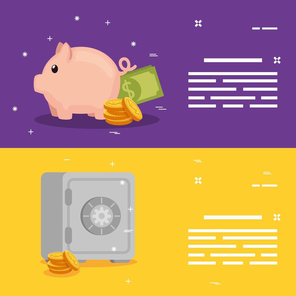 set of strongbox with piggy bank and coins vector