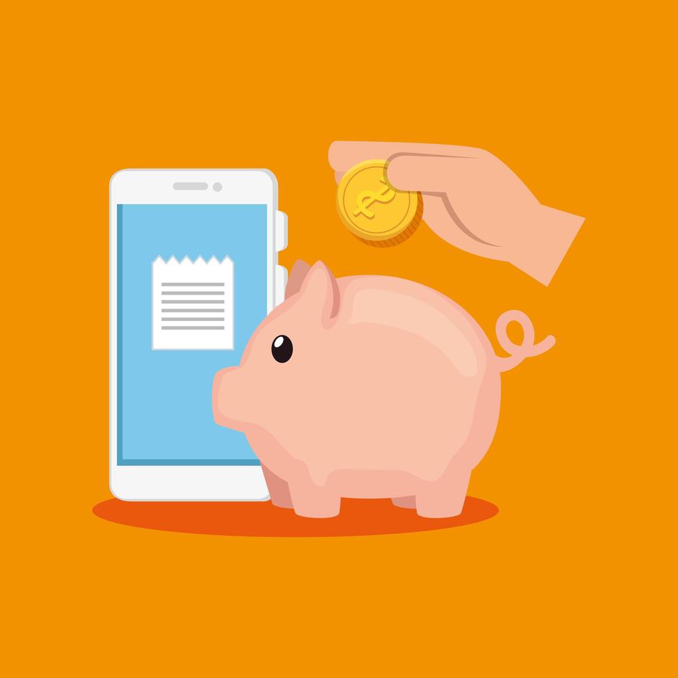 piggy bank with smartphone and hand vector