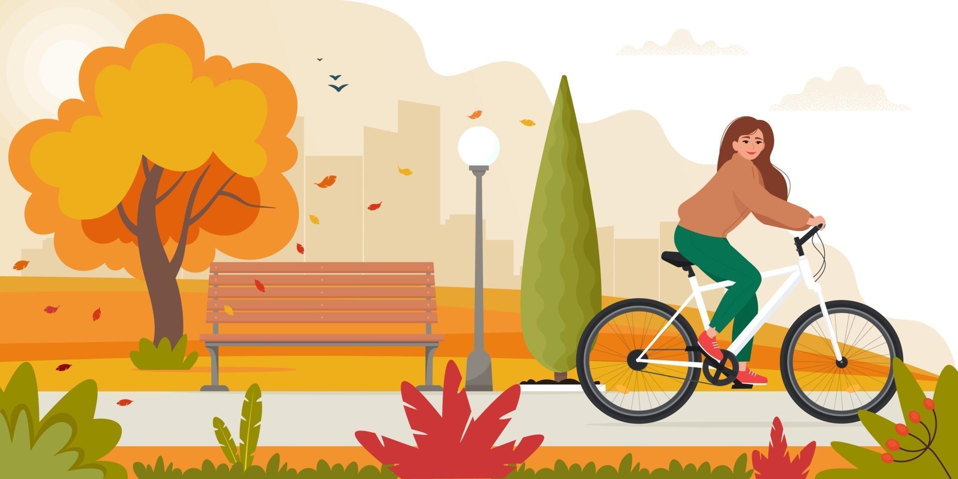 Woman riding bike in the park, autumn landscape. Vector illustration