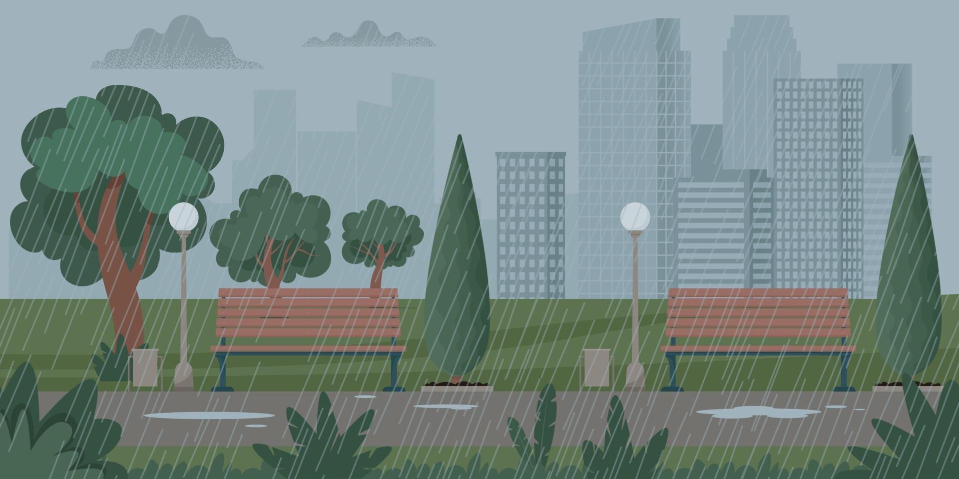 City landscape with rainy weather, thunderstorm. Vector illustration
