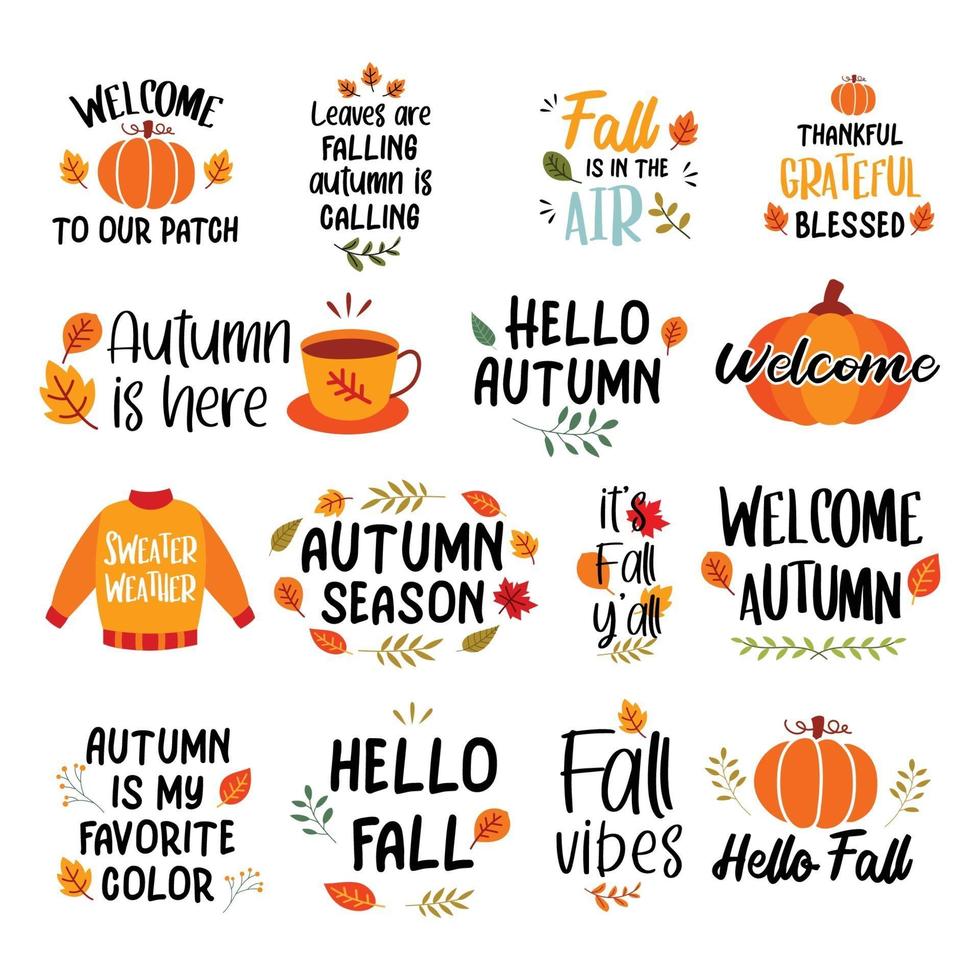 otoño conjunto de letras dibujadas a mano. frases de otoño con diseño de lema. vector