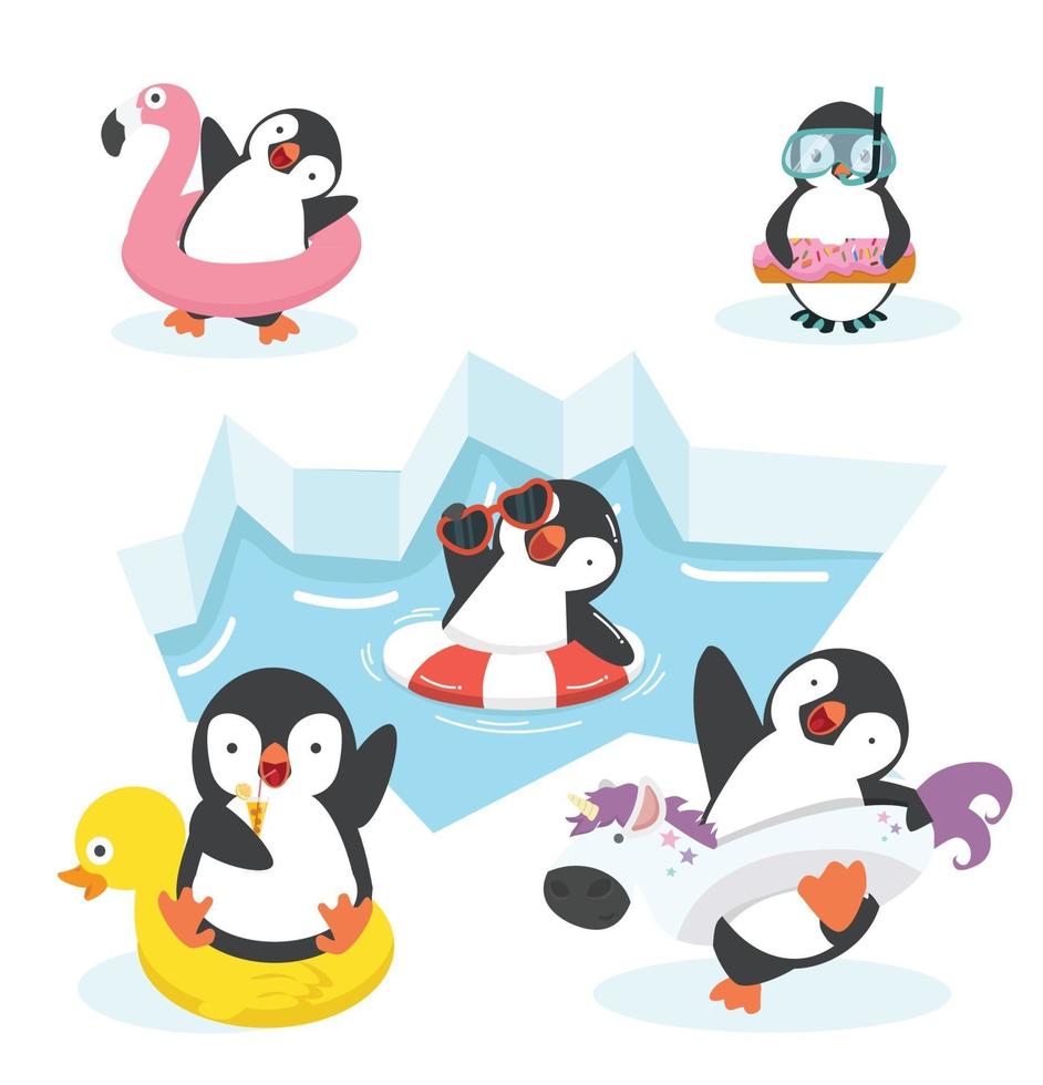 personajes de pingüinos felices en anillo inflable vector