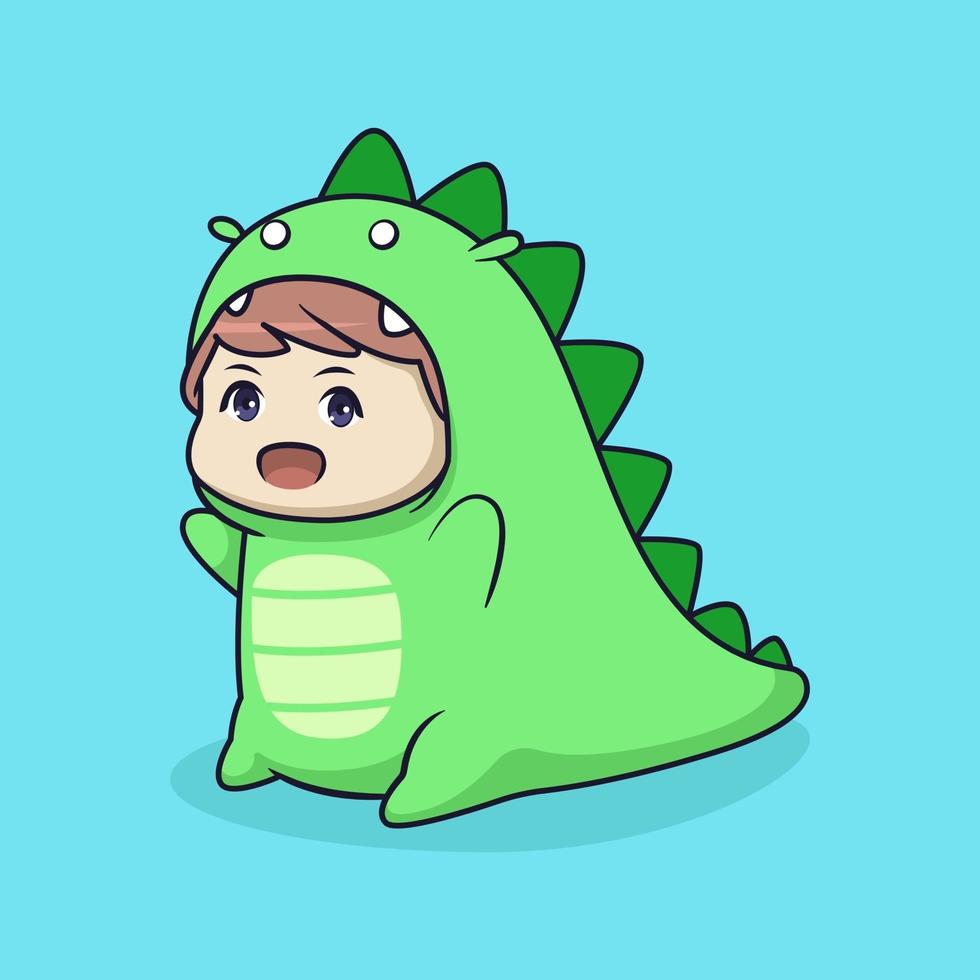 lindo niño chibi en ilustración de traje de dino vector