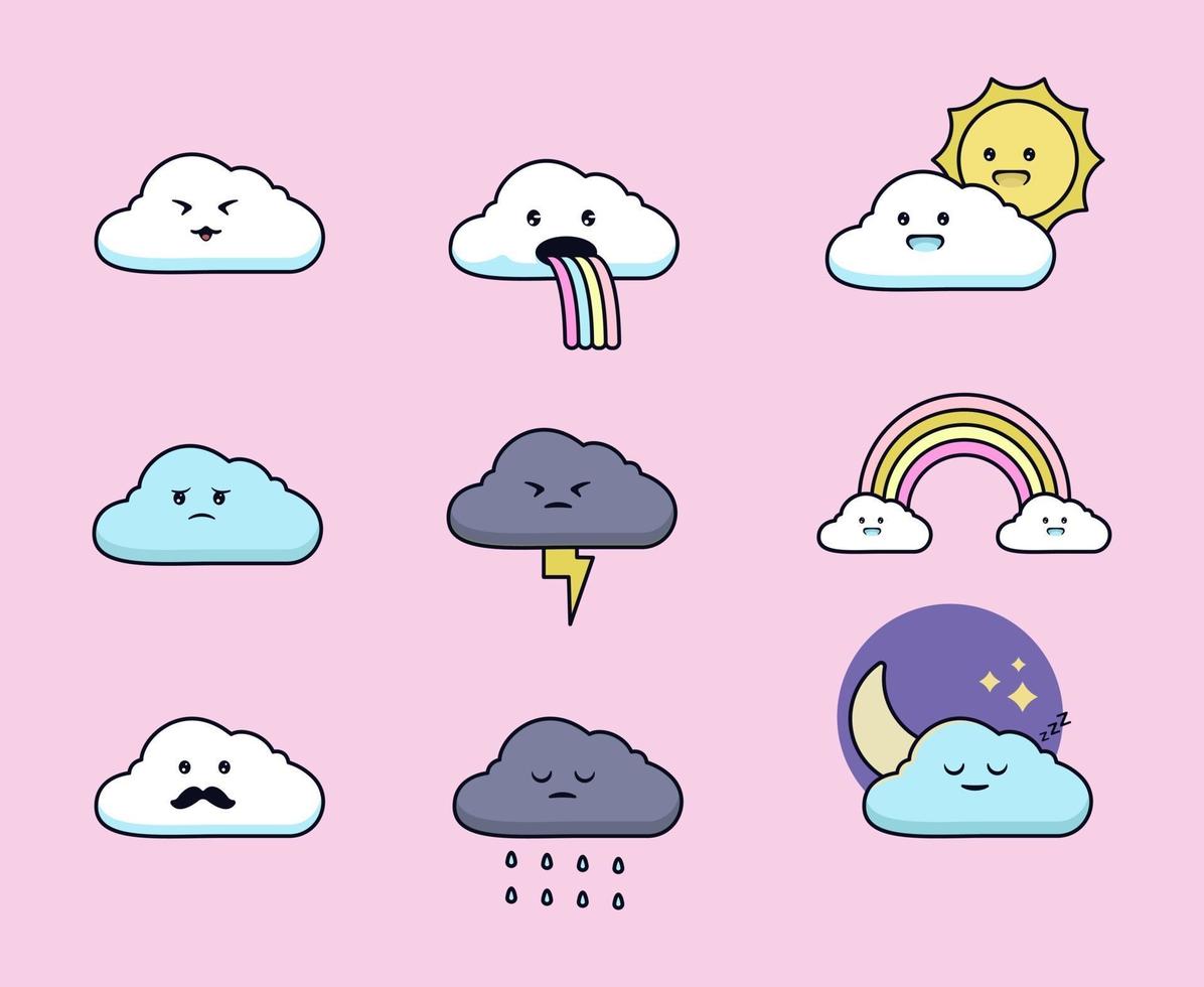 conjunto de linda ilustración de nube kawaii vector