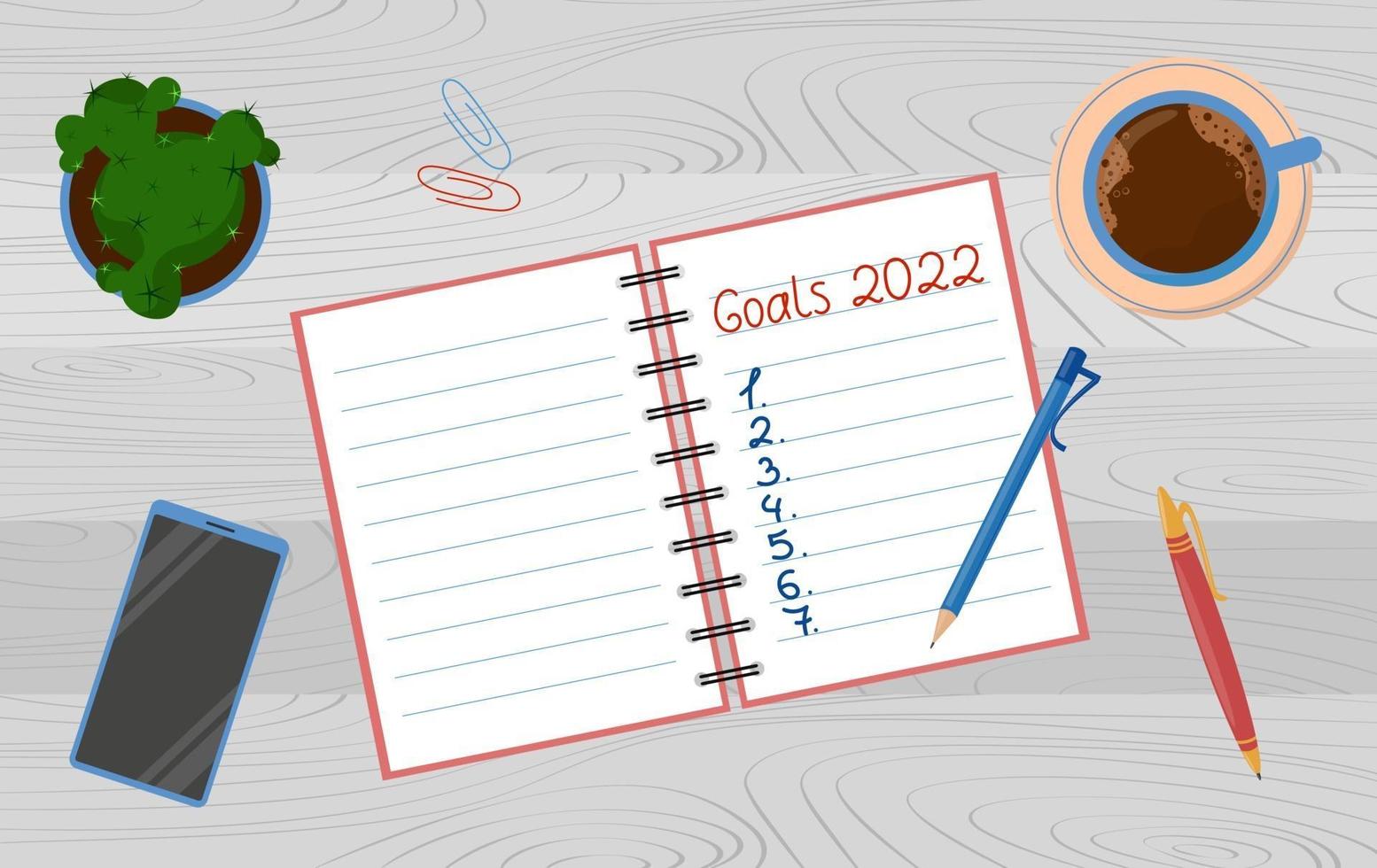 Goals for 2022 year. Target list written on notepad with pen vector