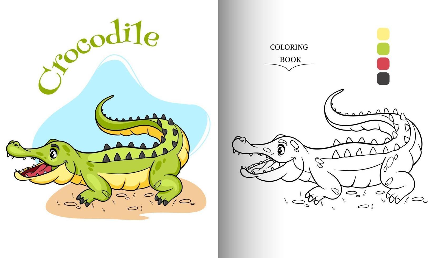 Animal character funny crocodile in cartoon style coloring book page. vector