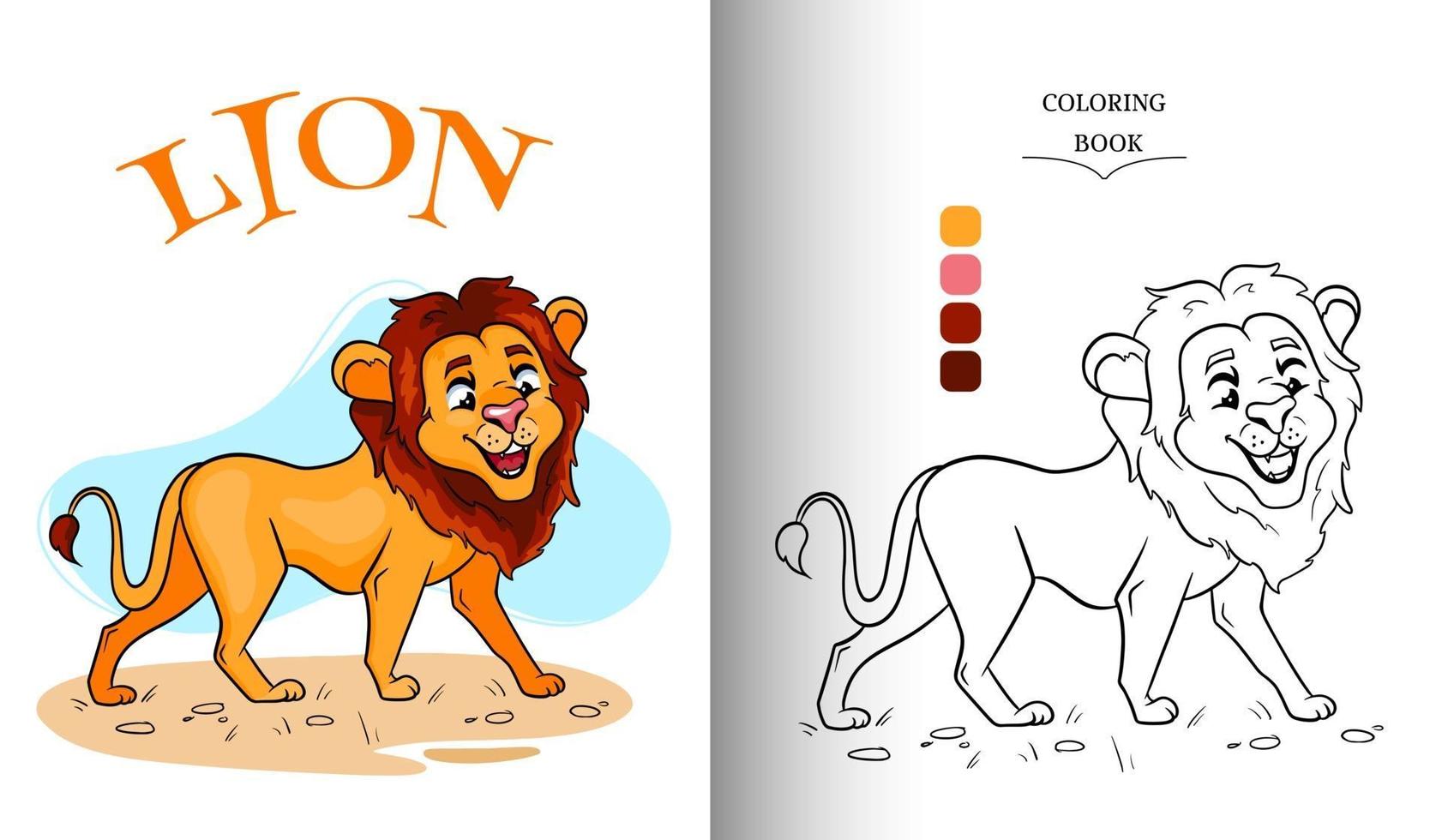Animal character funny lion in cartoon style coloring page. vector