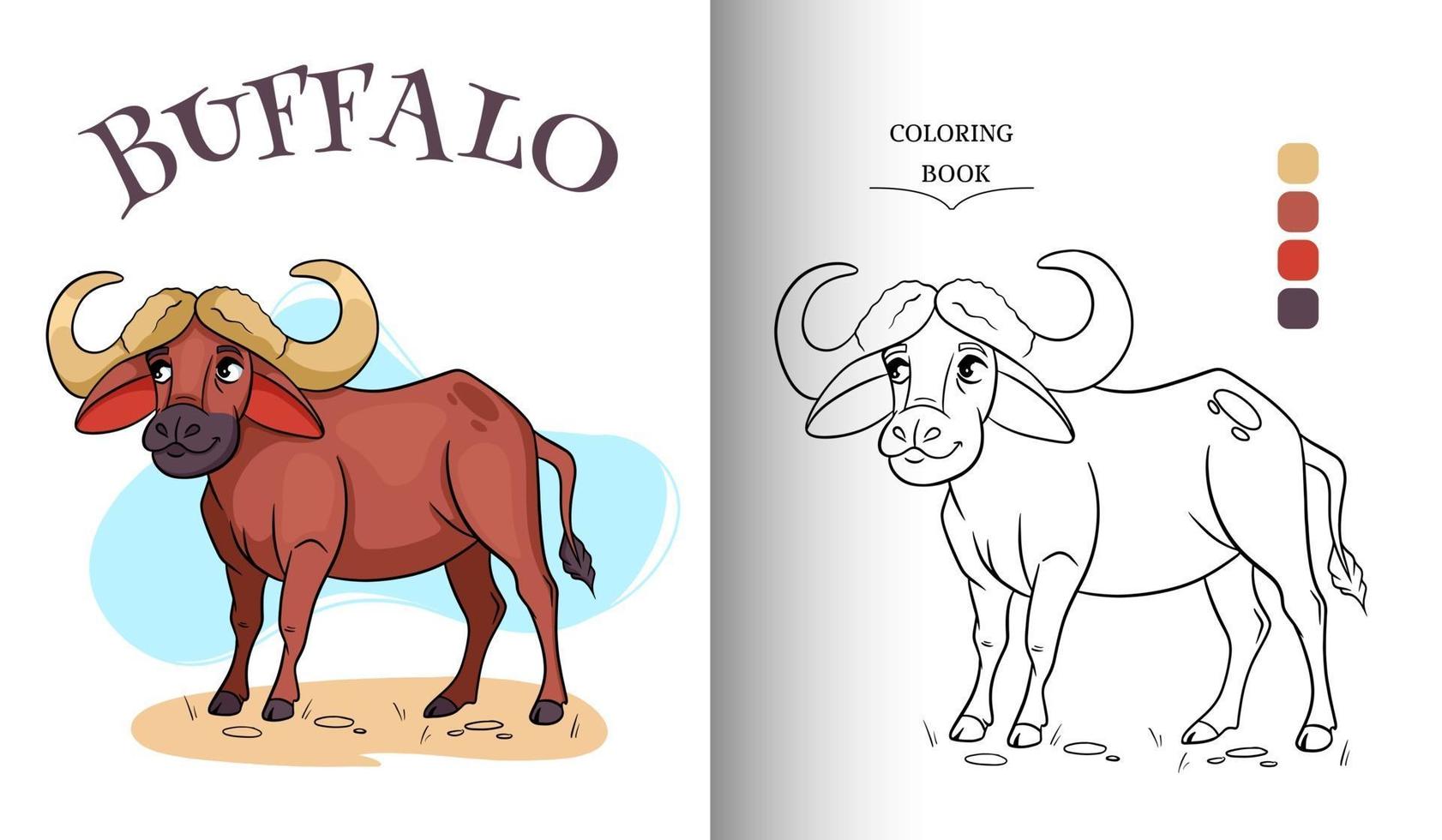 Animal character funny african bull in cartoon style coloring page. vector