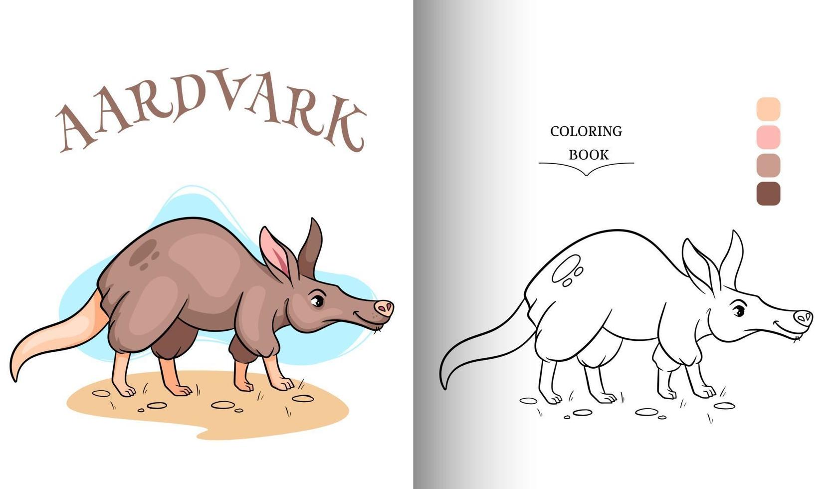 Animal character funny aardvark in cartoon style coloring page. vector