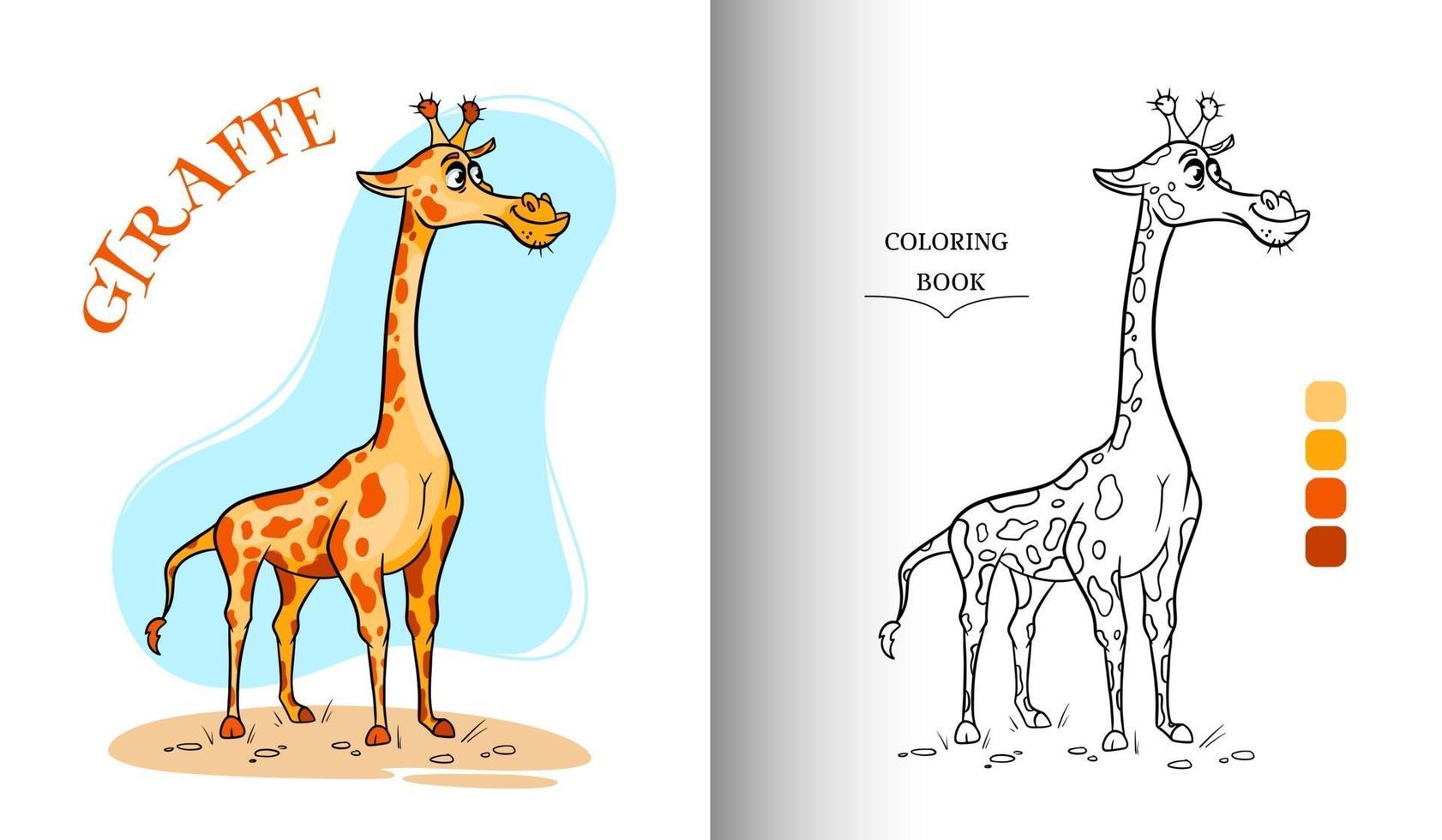 Animal character funny giraffe in cartoon style coloring page. vector