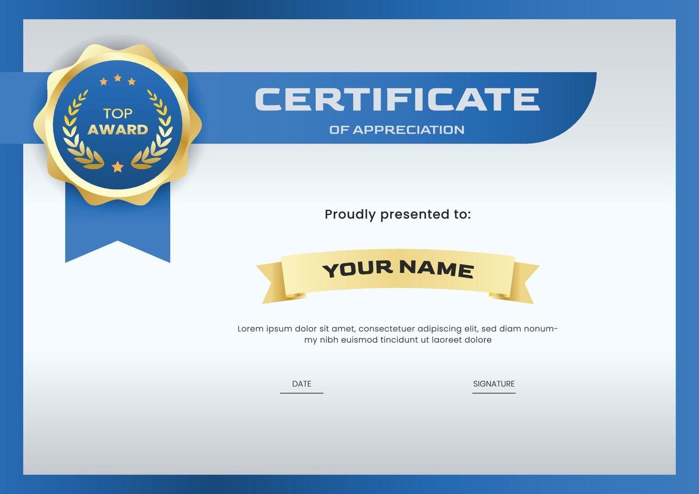 blue and gold certificate design template for achievement vector