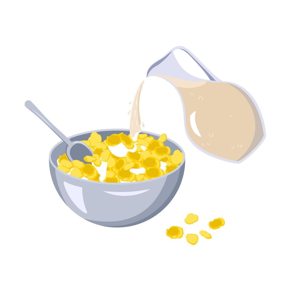 A bowl of cornflakes and a spoon. Milk is poured from a jug vector