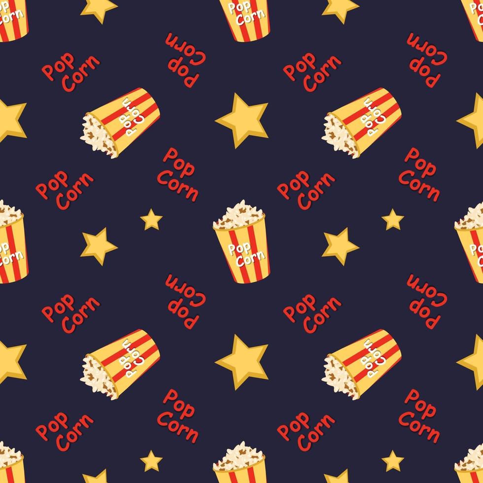 seamless pattern with a festive box with popcorn, words and stars vector