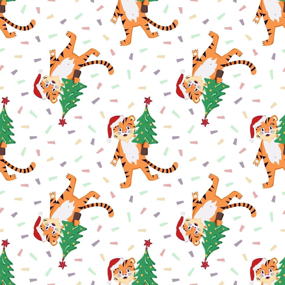 Seamless pattern with an orange striped tiger cub in a red Santa vector