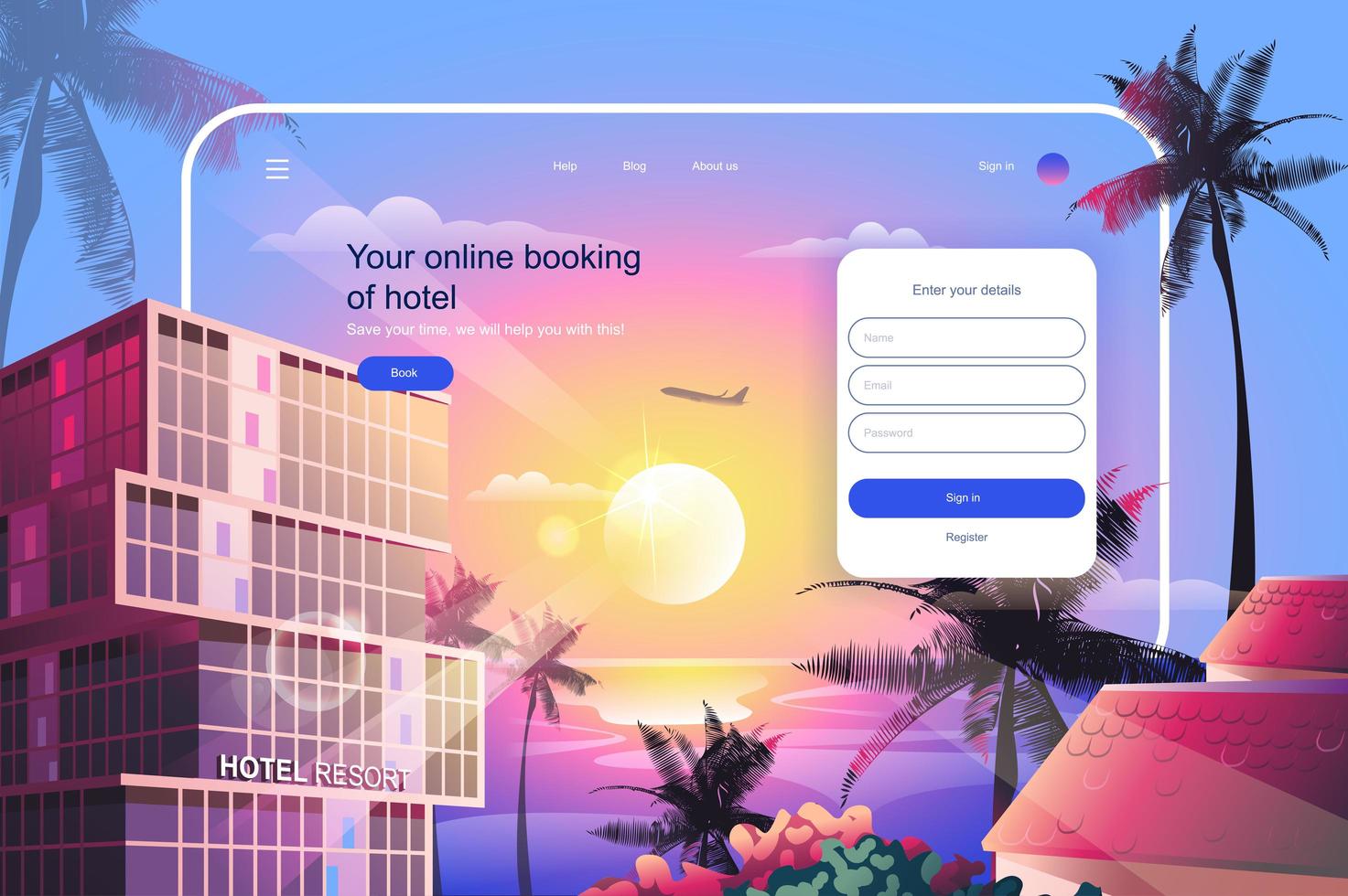 Reserva en línea de la ilustración de vector de concepto de hotel para página de destino
