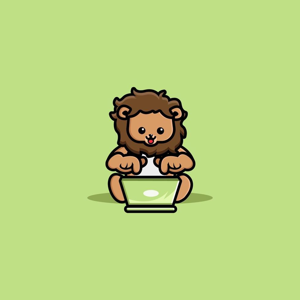 Cute lion operating laptop cartoon illustration vector