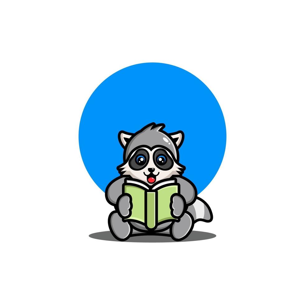 Cute raccoon reading book cartoon icon illustration vector