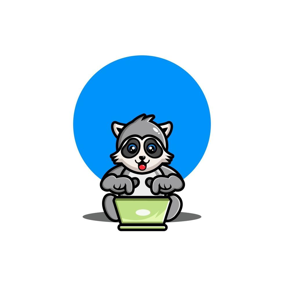 Cute raccoon operating laptop cartoon illustration vector